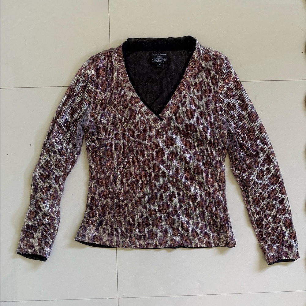 Oleg Cassini Leopard Sequin Top